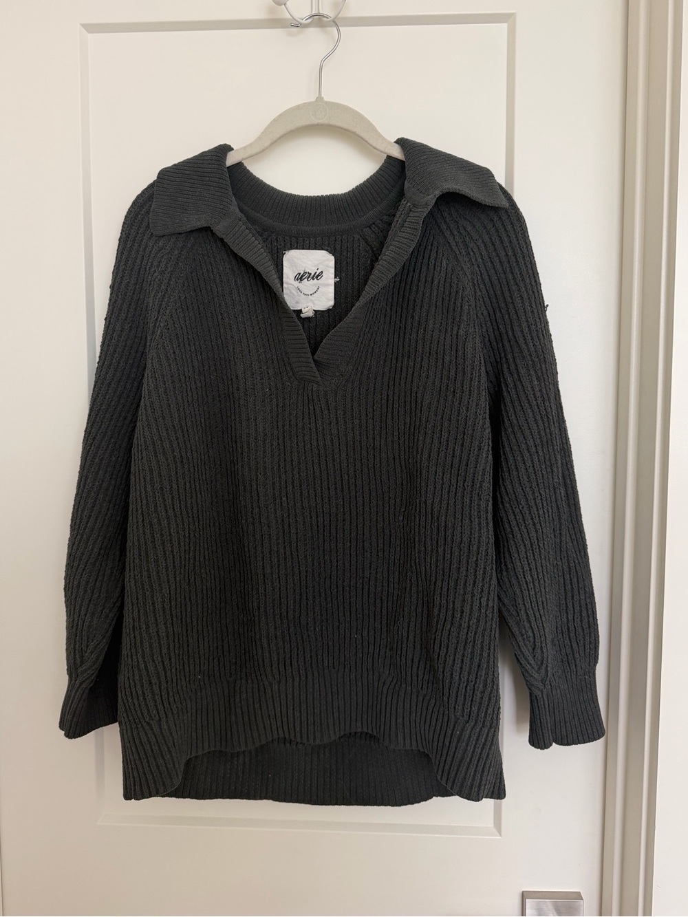 aerie Charcoal Ribbed Collared V-Neck Sweater